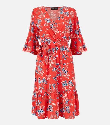 Mela Red Floral Flutter Sleeve Wrap Dress New Look