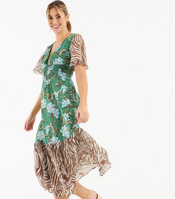 Click to view product details and reviews for Zibi London Green Floral Zebra Print Midi Dress New Look.