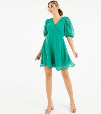 Zibi London Green Flocked Spot Mini Wrap Dress New Look