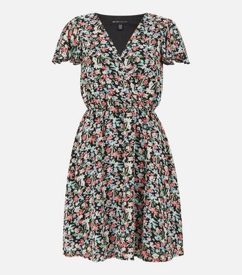 Mela Black Floral Flutter Sleeve Mini Wrap Dress New Look