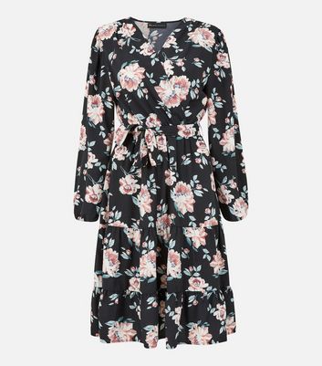 Mela Black Floral Long Sleeve Tiered Mini Wrap Dress New Look