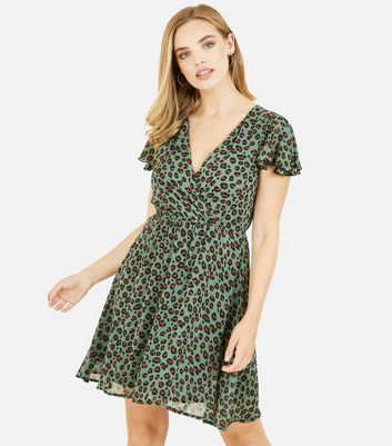 Mela Green Leopard Print Mini Wrap Skater Dress New Look