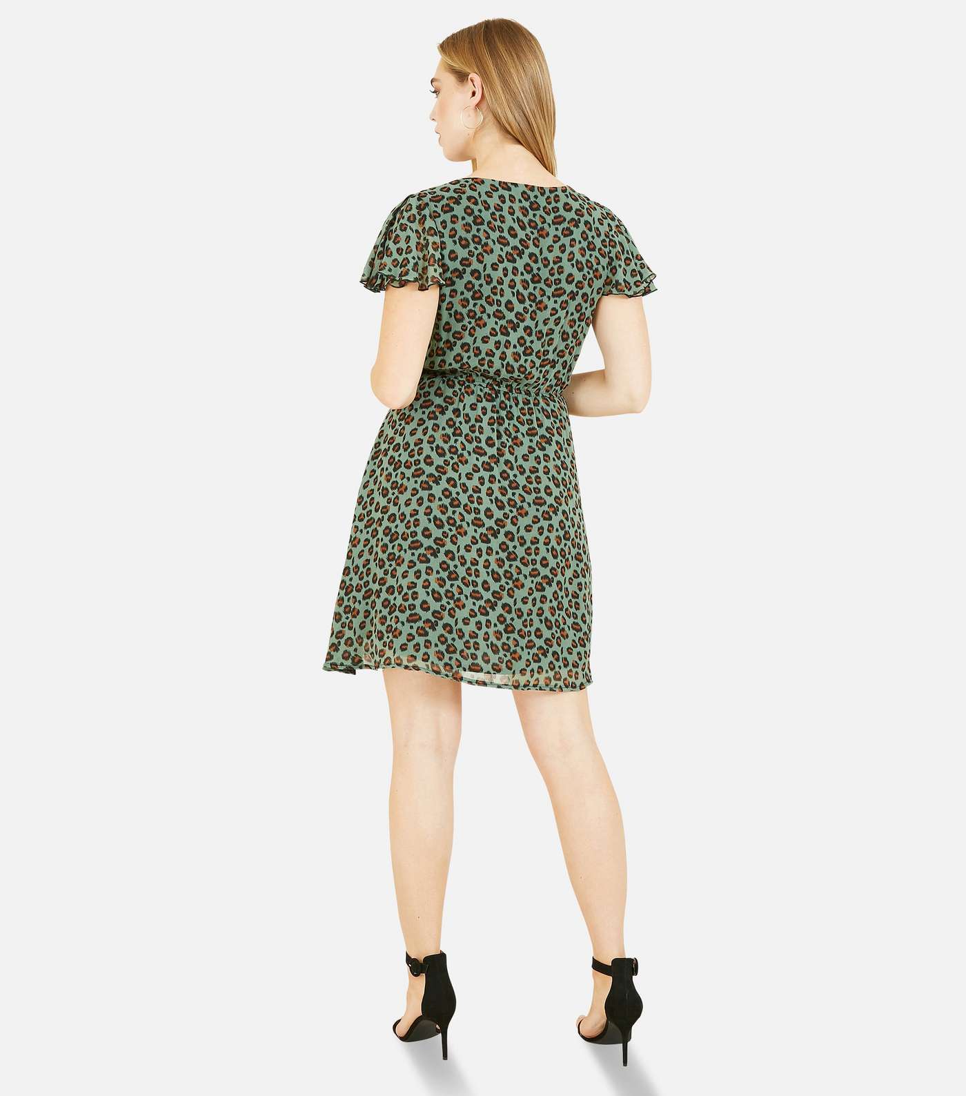 Mela Green Leopard Print Mini Wrap Skater Dress Image 3