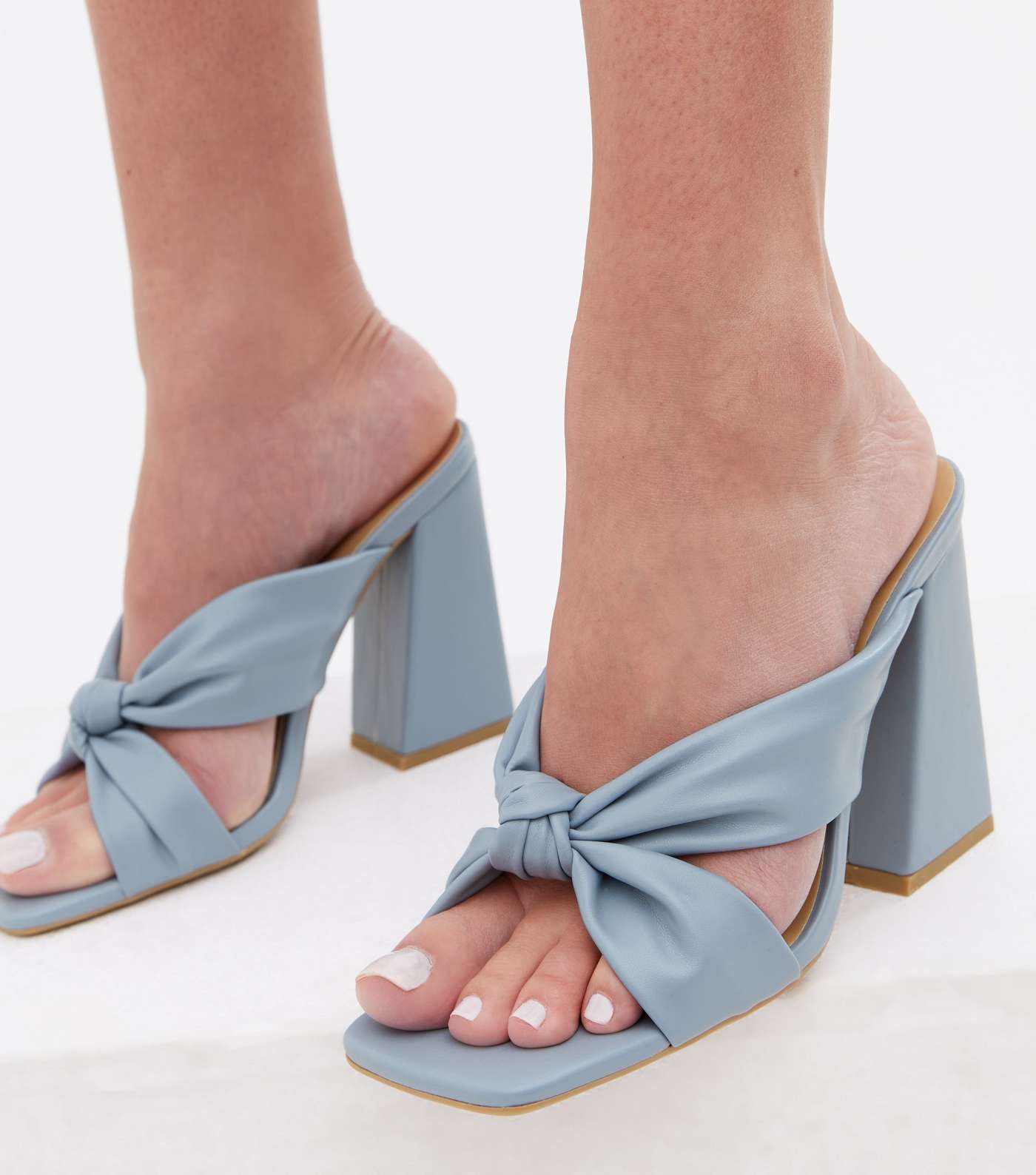 Pale Blue Knot Flared Block Heel Mules Image 2
