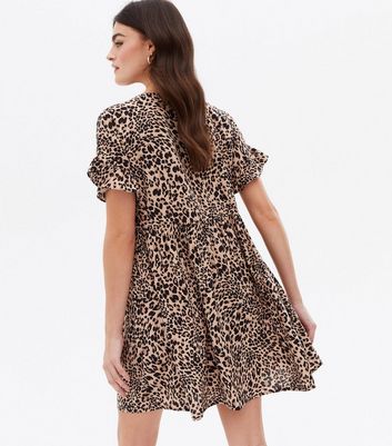 Brown Leopard Print Button Front Mini Smock Dress New Look