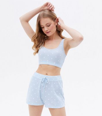 Damen Bekleidung Blue Waffle Short Pyjama Set with Heart Print