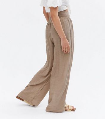 Blue Vanilla Light Brown Shirred High Waist Wide Leg Trousers