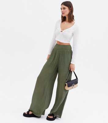 Blue Vanilla Khaki Shirred High Waist Wide Leg Trousers