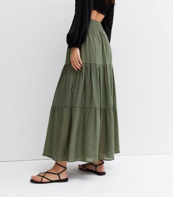 Click to view product details and reviews for Blue Vanilla Khaki Shirred Waist Tiered Maxi Skirt New Look.