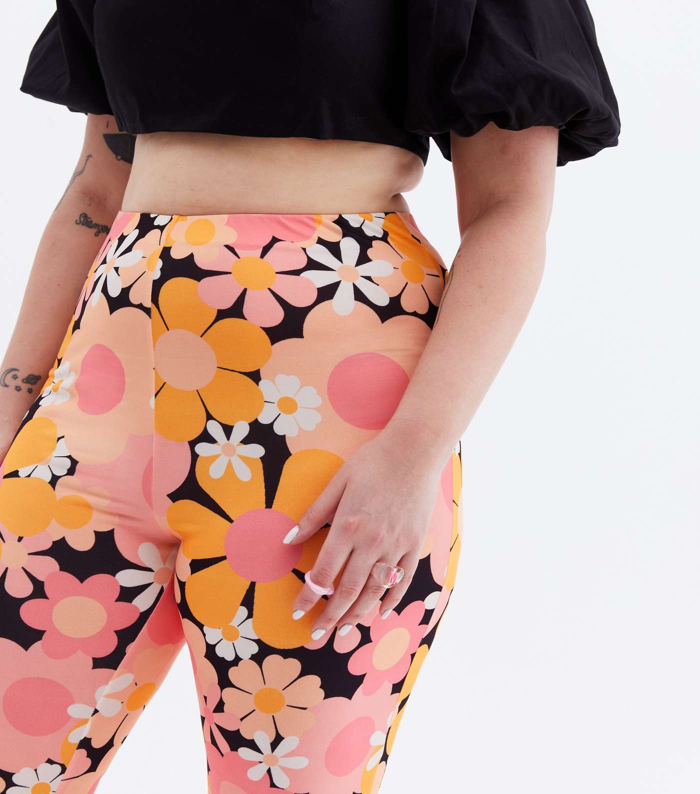 Psychedelic Curves Orange Floral Flared Trousers Image 3