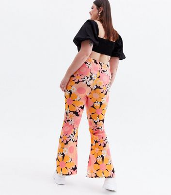 Prada Floral-Cloqué Wide-Leg Pants Orange Black Brocade