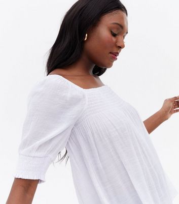 Click to view product details and reviews for Blue Vanilla White Shirred Puff Sleeve Top New Look.