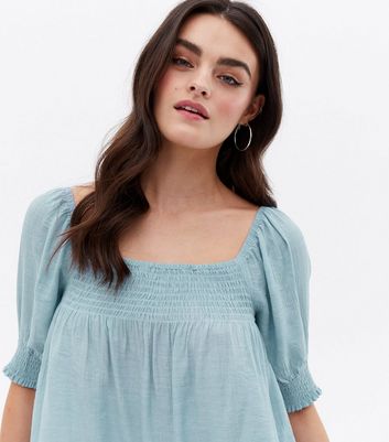 Blue Vanilla Pale Blue Shirred Puff Sleeve Top New Look