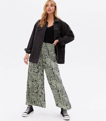 Blue Vanilla Olive Animal Print Shirred Wide Leg Trousers | New Look