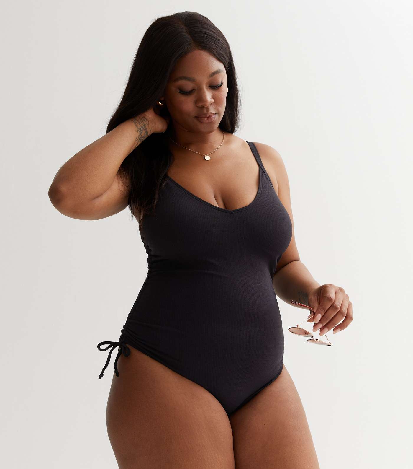 Curves Black Textured Ruched Side Swimsuit Image 2