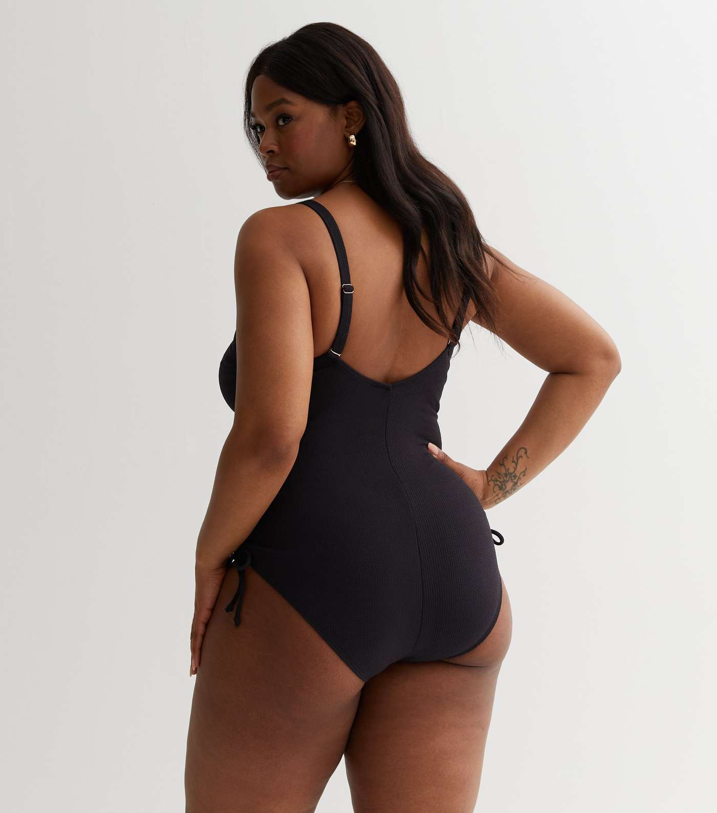 Curves Black Textured Ruched Side Swimsuit Image 4