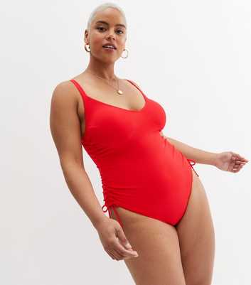 Curves Red Textured Ruched Side Swimsuit