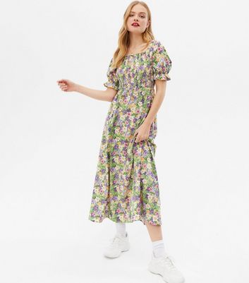 Click to view product details and reviews for Blue Vanilla Green Floral Shirred Square Neck Midi Dress New Look.