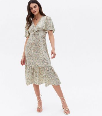 Blue Vanilla Green Ditsy Floral Lace Up Midi Dress New Look