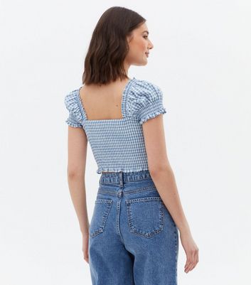 Click to view product details and reviews for Pink Vanilla Blue Gingham Shirred Crop Top New Look.