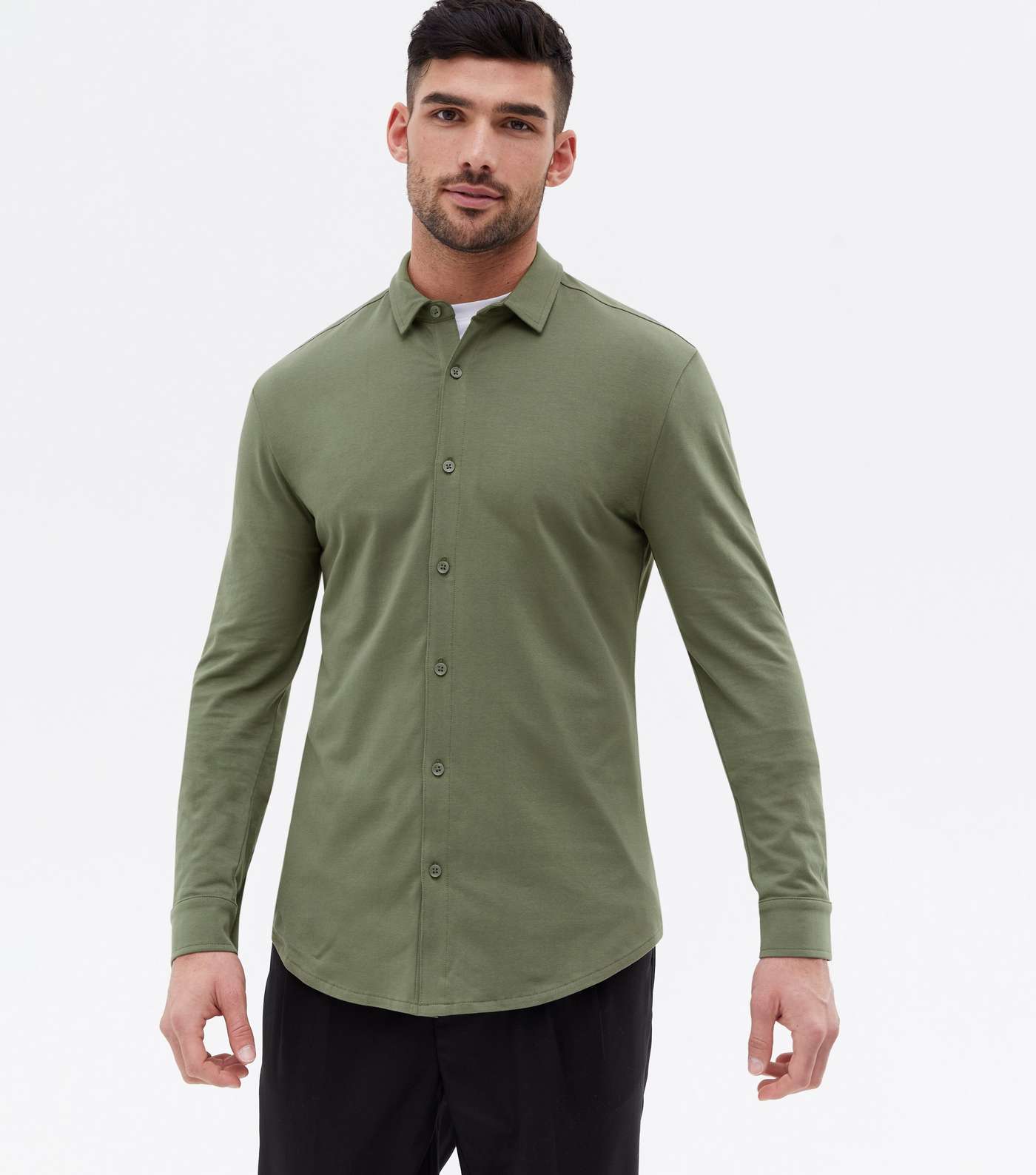 Khaki Jersey Long Sleeve Muscle Fit Shirt