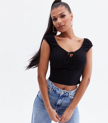 Click to view product details and reviews for Black Jersey Keyhole Tie Front Crop Top New Look.