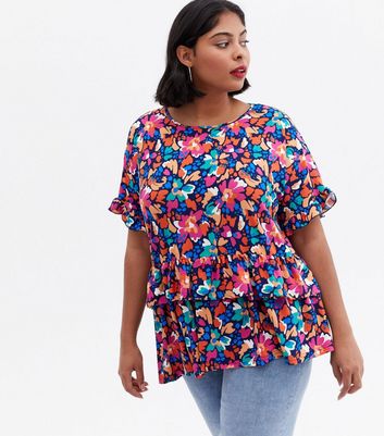 Blue Vanilla Curves Multicoloured Floral Asymmetric Tiered Top New Look