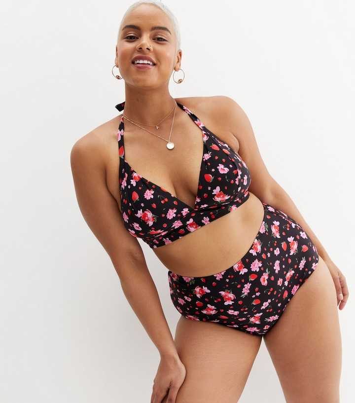 Buy Plus Curvves Striped Floral Print Backless Halter Neck Bikini
