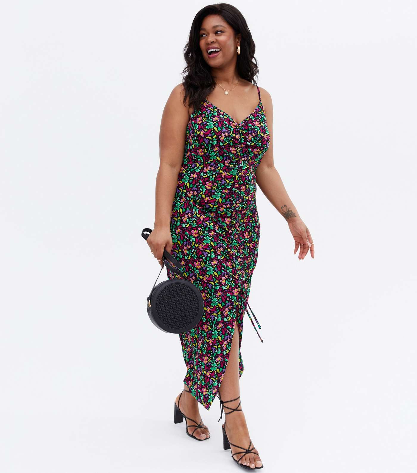 Blue Vanilla Curves Multicoloured Floral Ruched Midi Dress Image 3