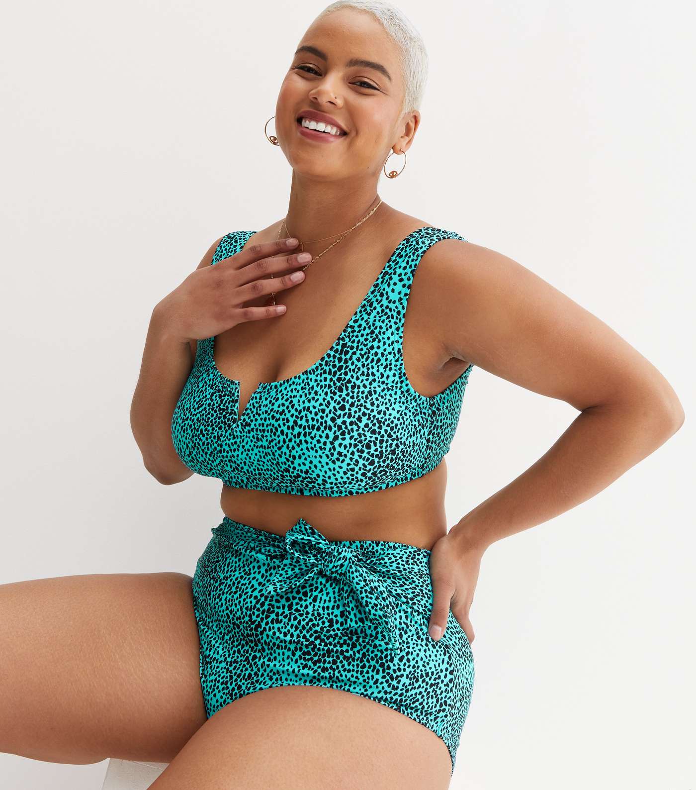Curves Turquoise Animal Print Notch Crop Bikini Top