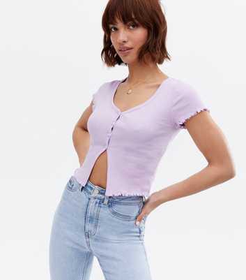 Lilac Ribbed Frill Button Short Sleeve Cardigan