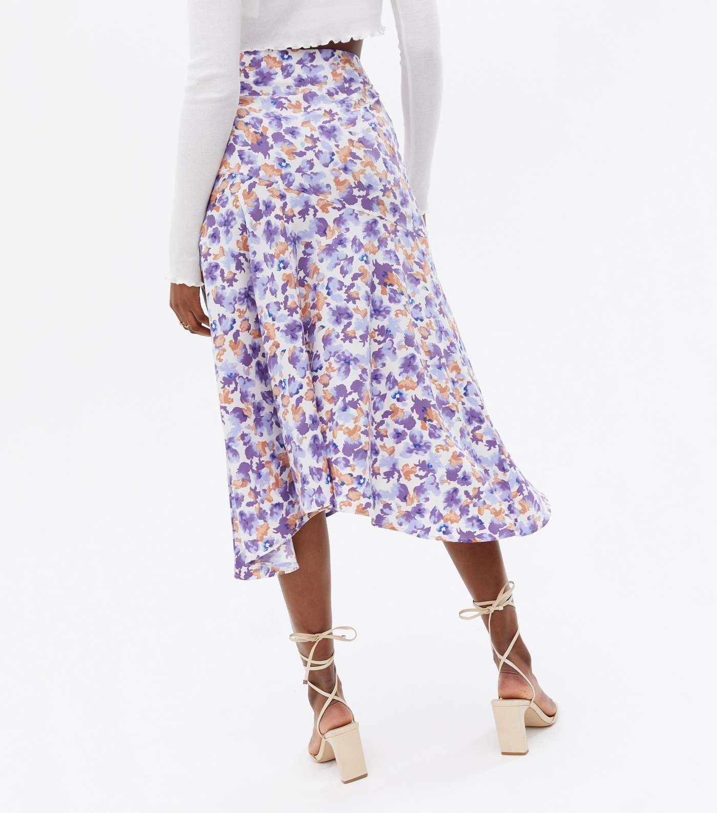 Blue Vanilla White Floral Asymmetric Midi Skirt Image 4