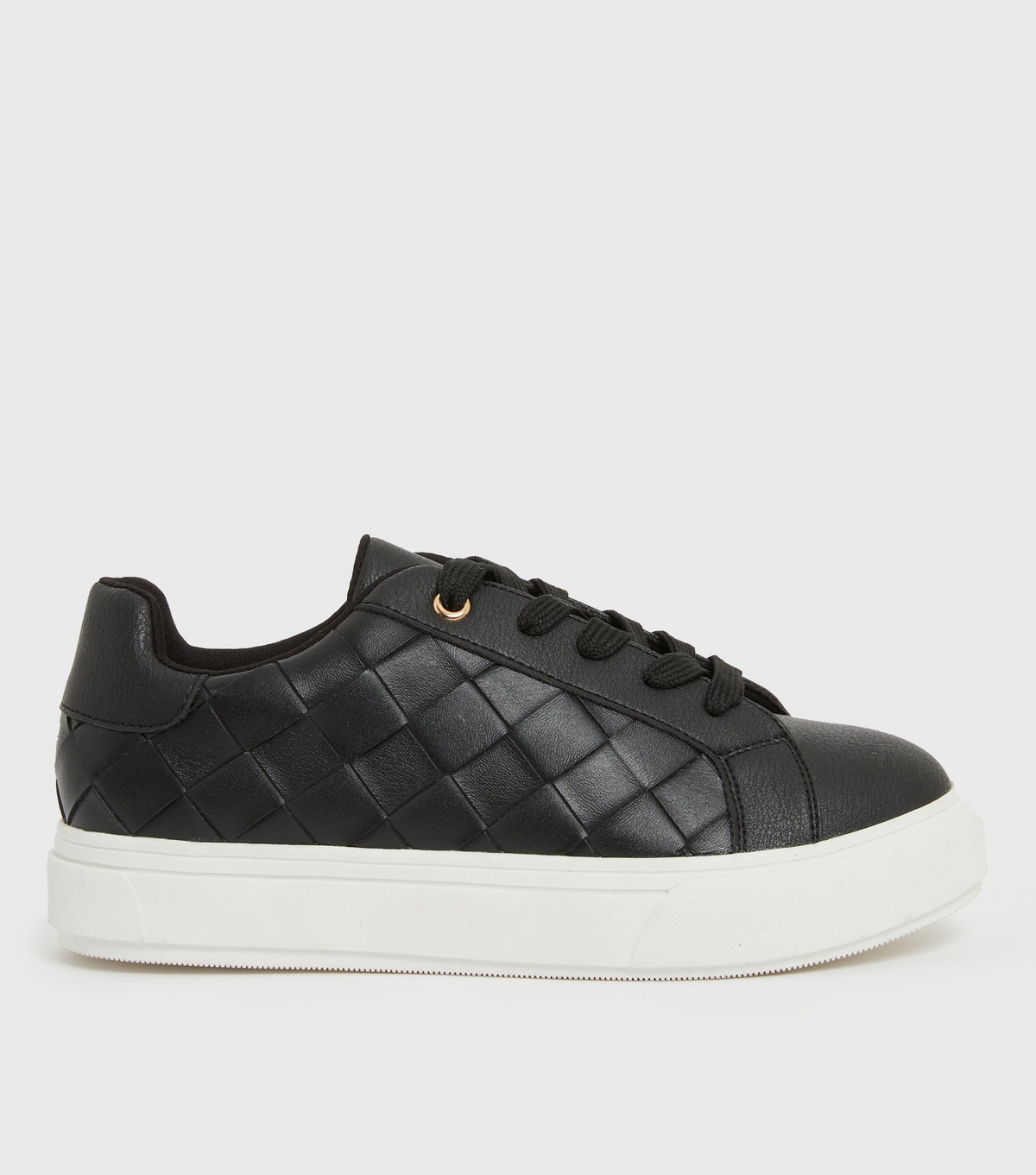 Women's Black Leather-Look Woven Chunky Trainers Vegan New Look