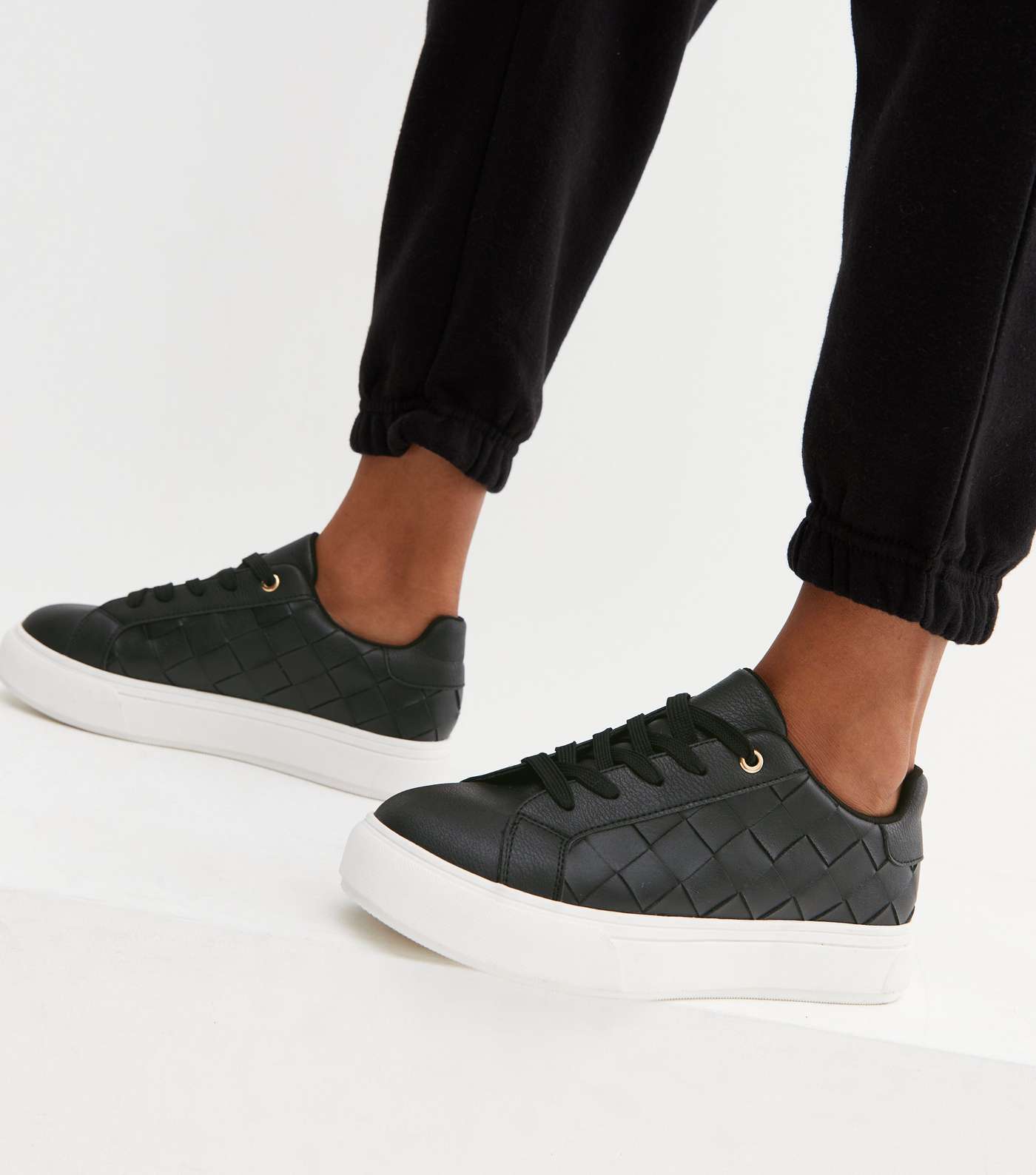 Black Leather-Look Woven Chunky Trainers Image 2