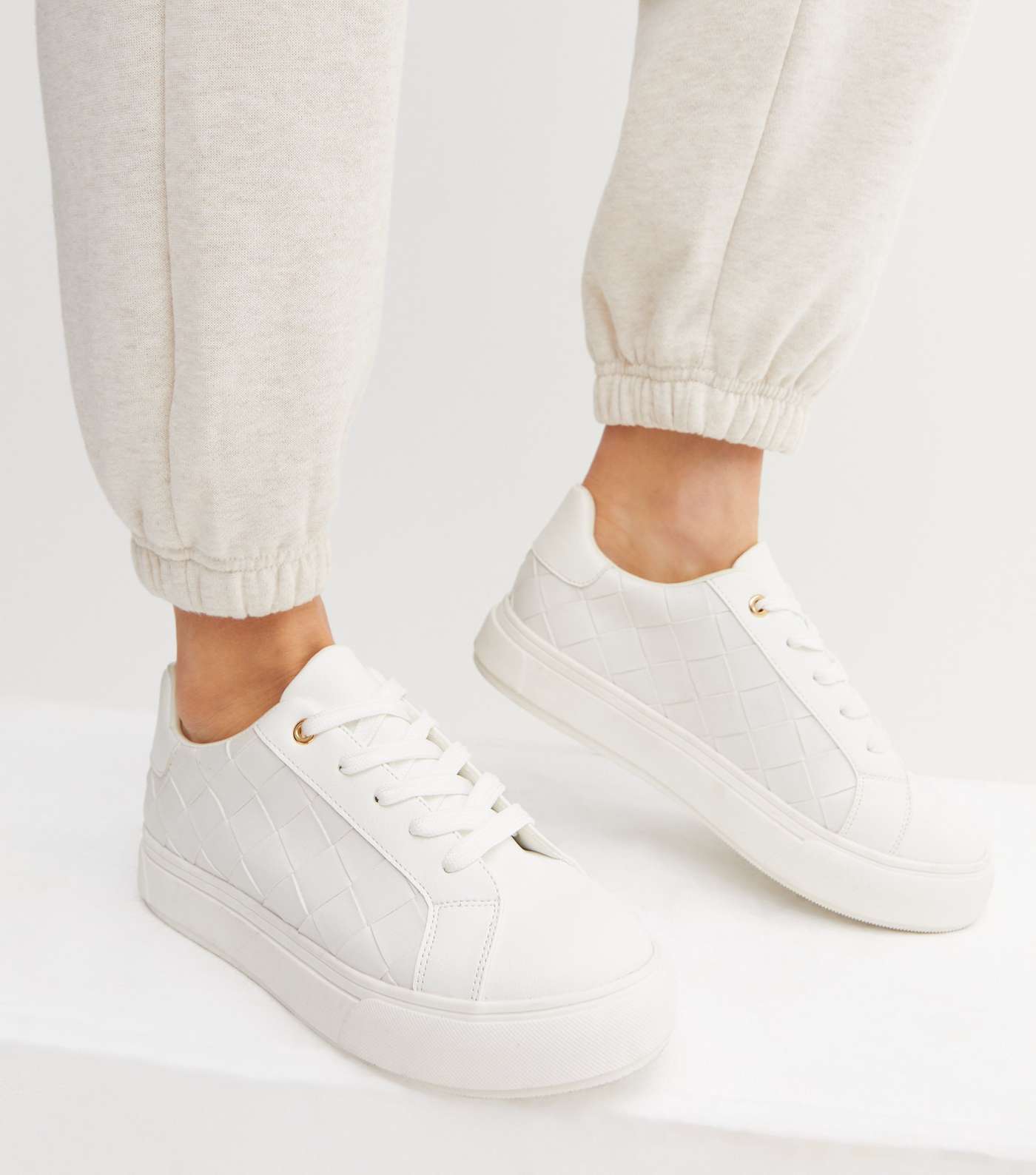White Leather-Look Woven Chunky Trainers Image 2