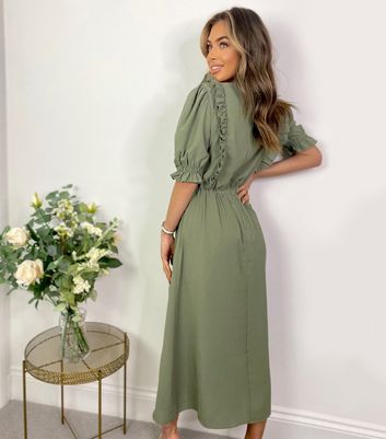 Olive Frill Split Hem Midi Dress 
