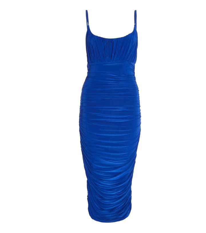 Blue Cowl Neck Ruched Strappy Midi Bodycon Dress