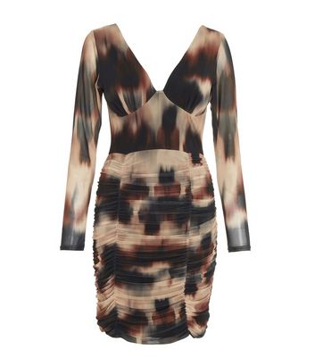 Quiz Brown Tie Dye Ruched Mesh Mini Bodycon Dress New Look