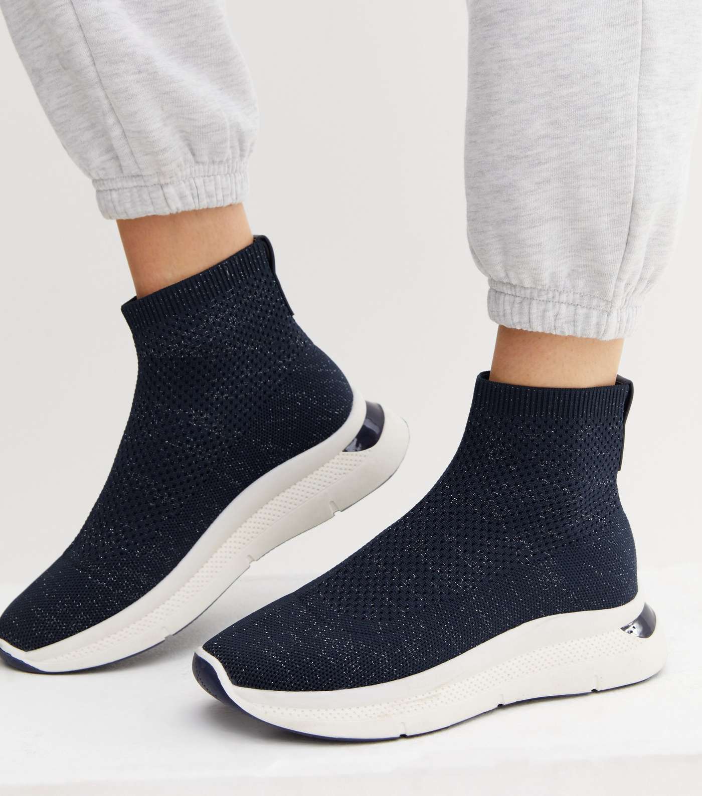 Navy Knit Metal Trim Wedge Trainers Image 2