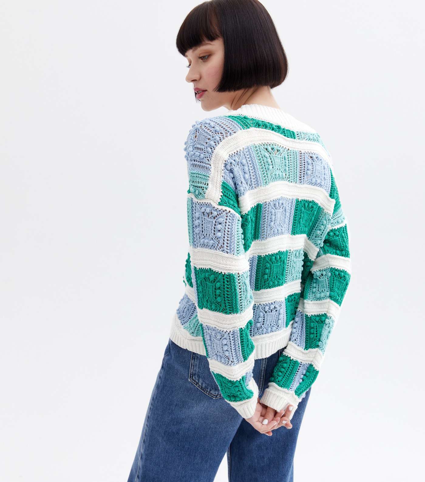Blue Colour Block Crochet Knit Cardigan Image 4