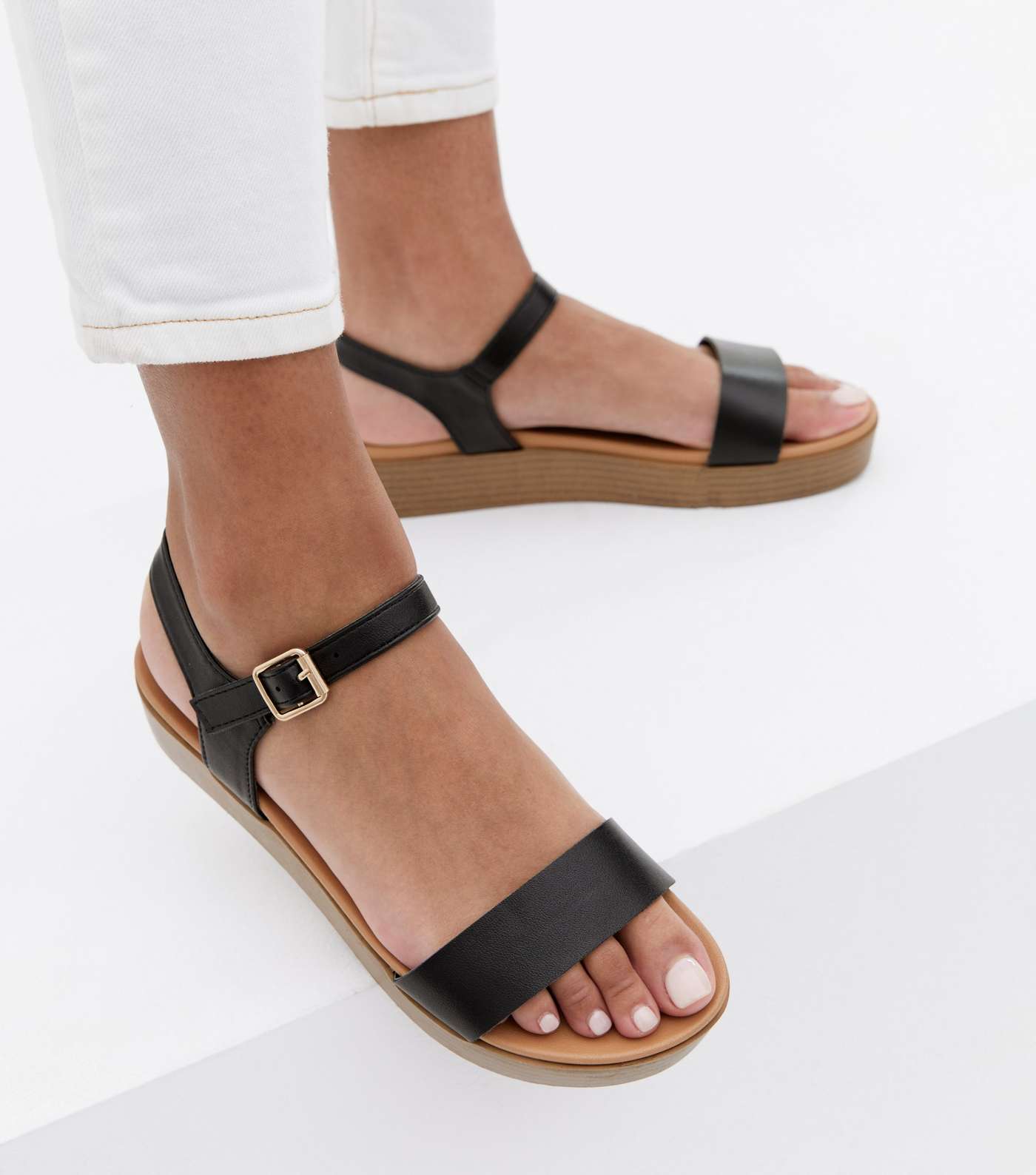 Black Leather-Look 2 Part Flatform Sandals Image 2