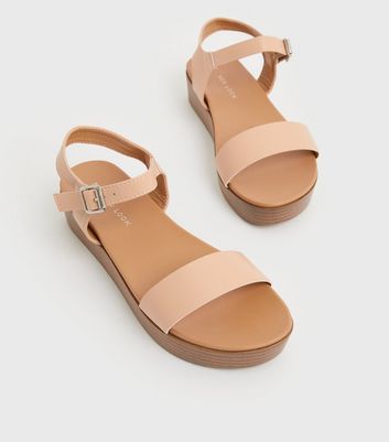 Pale Pink Leather Look 2 Part Flatform Sandals New Look