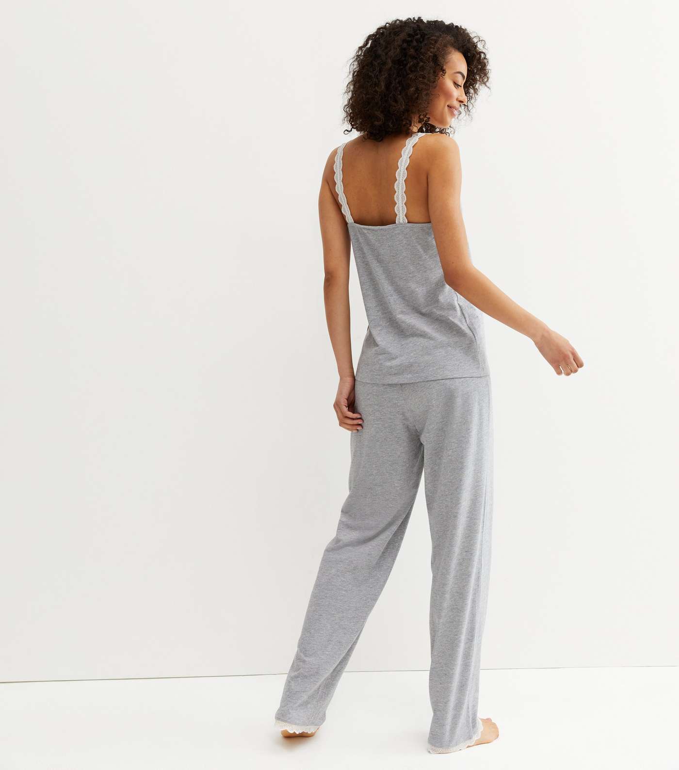 Tall Grey Trouser Pyjama Set with Scallop Lace Trim Image 4