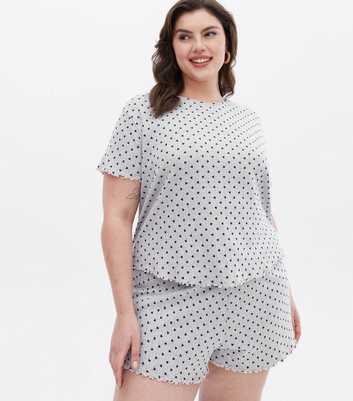 Curves Pale Grey Pointelle Short Pyjama Set with Heart Print