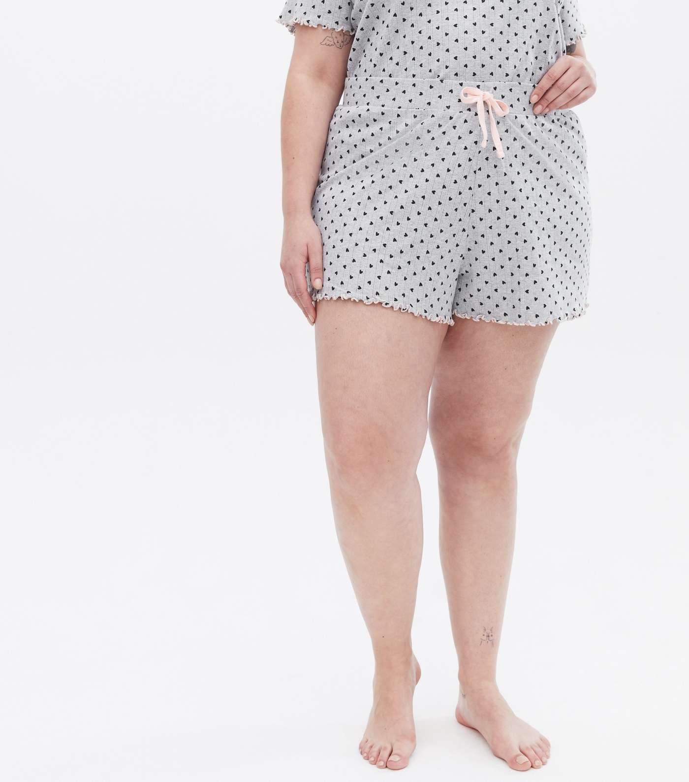 Curves Pale Grey Pointelle Short Pyjama Set with Heart Print Image 3