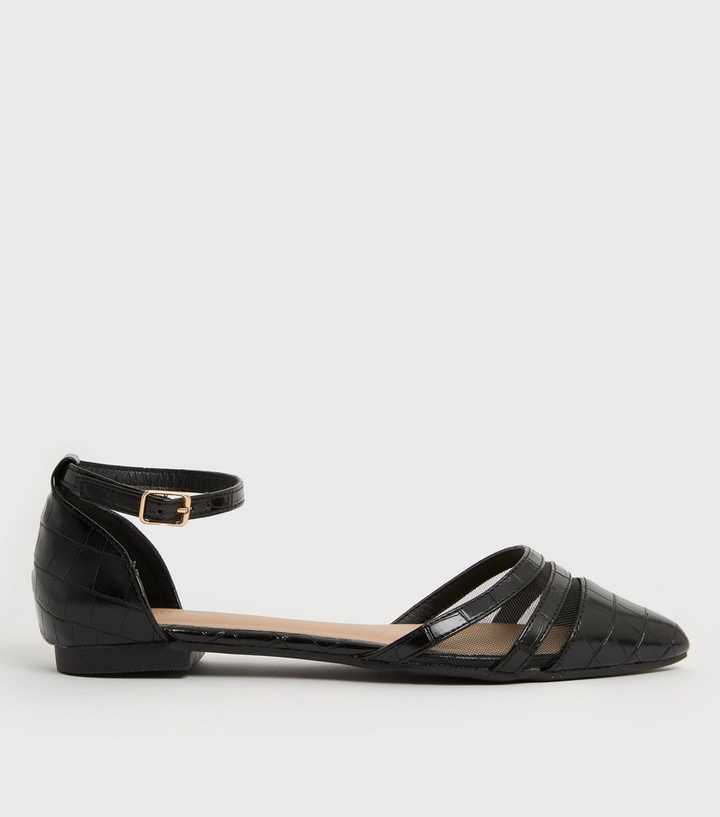 Black Faux Croc Mesh Ballet Pumps