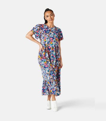 Urban Bliss Blue Floral Tiered Midi Smock Dress New Look