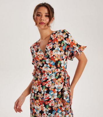 Urban Bliss Black Floral Frill Mini Wrap Dress New Look