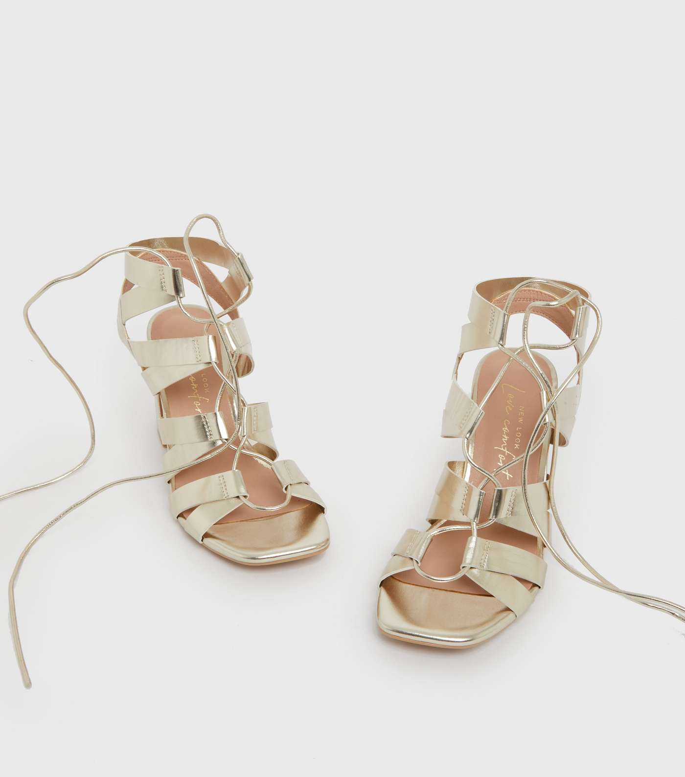 Gold Metallic Tie Block Heel Ghillie Sandals Image 3
