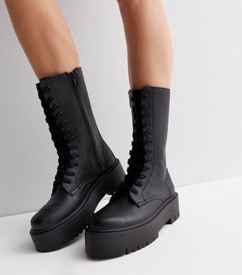 New look lace up cheap chunky flat boot in black